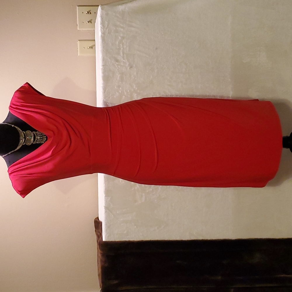 Ralph Lauren Red Midi Dress with Draped Neckline